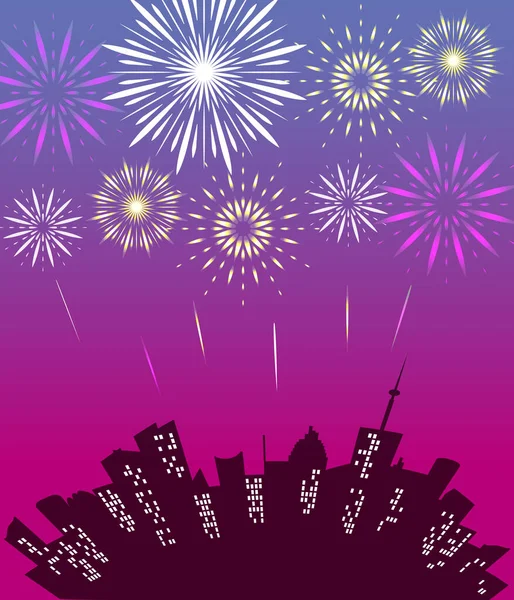 Ουρανοξύστης Εορταστικά Πυροτεχνήματα Λαμπερό Φως Πάνω Από Την Πόλη Στο — Φωτογραφία Αρχείου