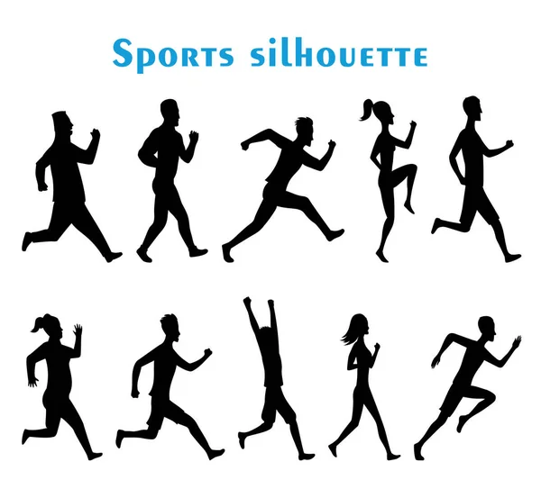 Silhouettes Sport Hommes Femmes Ensemble Cheminots Sur Sprint Forme Corps — Image vectorielle