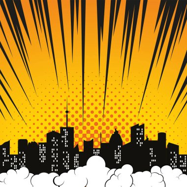 Comic background with city silhouette skyline cloud and burst rays. Jpeg pop art illustration.