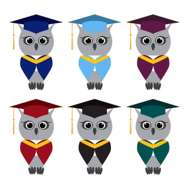 Set of owl in a graduate hats and mantles of different colors. Jpeg owl character in professors, mortar in master cap.