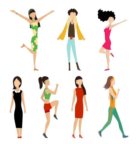 Set of female avatars in full growth. Lifestyle woman and girls in business, leisure and fitness clothes at different poses. peg flat colorful illustration.