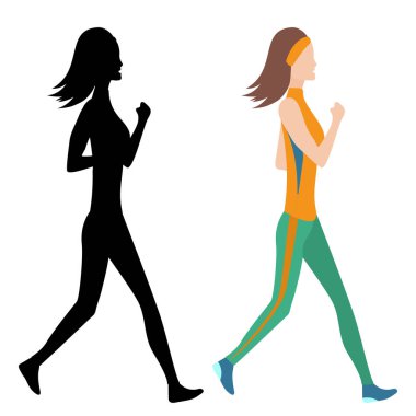 Koşan kadın ve silueti. Aktif insanlar, fitness, spor hareketleri. Yan görüş. Düz tasarımda Jpeg illüstrasyonu.