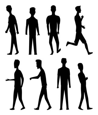 Bir adamın siluetleri, farklı pozlarda izole edilmiş bir ikon, farklı formlar ve pozisyonlar. Aktif insanlar. Jpeg İllüstrasyonu.