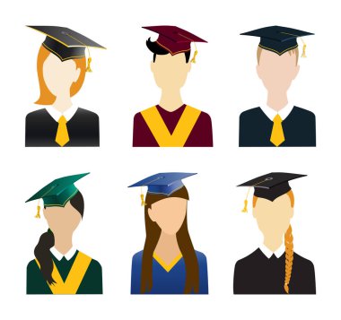 Mezuniyet töreni kıyafetleri içinde öğrenci avatarları. Erkekler ve kızlar mezuniyet şapkaları ve pelerinlerini portreler. Jpeg izole resimleme