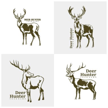 Geyik logo tasarım vektörü kümesi. Siluet Geyik Şablonu Çizimi. Simge Sembolü