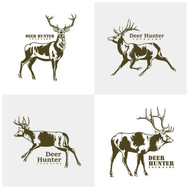 Geyik logo tasarım vektörü kümesi. Siluet Geyik Şablonu Çizimi. Simge Sembolü
