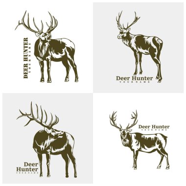 Geyik logo tasarım vektörü kümesi. Siluet Geyik Şablonu Çizimi. Simge Sembolü