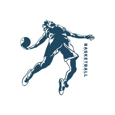 Basketbol oyuncusu logo tasarım vektörü. Siluet Basketbol Erkek Oyuncu Şablonu İllüstrasyonu. Simge Sembolü
