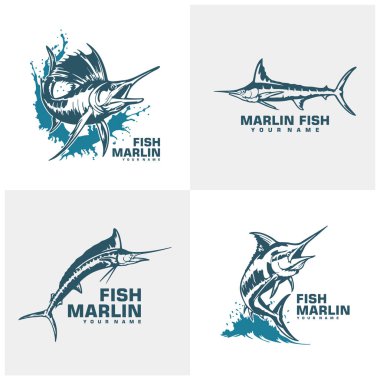 Marlin Fish logo tasarım vektörü seti. Siluet Marlin Balık Şablonu Çizimi. Simge Sembolü