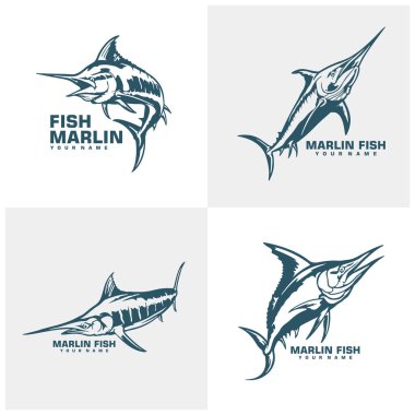 Marlin Fish logo tasarım vektörü seti. Siluet Marlin Balık Şablonu Çizimi. Simge Sembolü