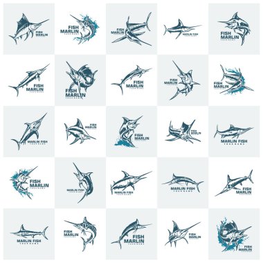 Marlin Fish logo tasarım vektörü seti. Siluet Marlin Balık Şablonu Çizimi. Simge Sembolü