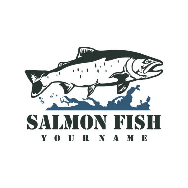Somon balığı logosu tasarım vektörü. Siluet somon balığı şablonu çizimi. Simge Sembolü
