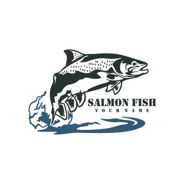 Somon balığı logosu tasarım vektörü. Siluet somon balığı şablonu çizimi. Simge Sembolü