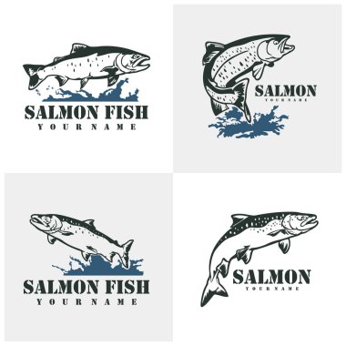 Somon Balığı logo tasarım vektörü seti. Siluet somon balığı şablonu çizimi. Simge Sembolü