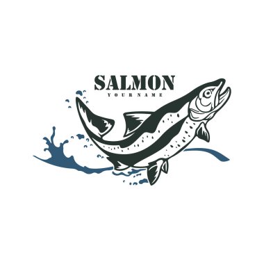 Somon balığı logosu tasarım vektörü. Siluet somon balığı şablonu çizimi. Simge Sembolü