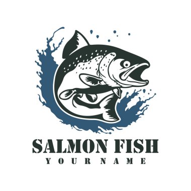 Somon balığı logosu tasarım vektörü. Siluet somon balığı şablonu çizimi. Simge Sembolü
