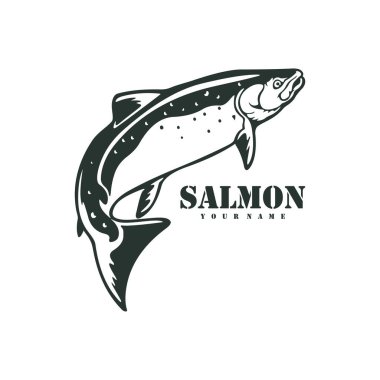 Somon balığı logosu tasarım vektörü. Siluet somon balığı şablonu çizimi. Simge Sembolü