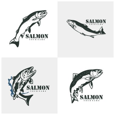 Somon Balığı logo tasarım vektörü seti. Siluet somon balığı şablonu çizimi. Simge Sembolü