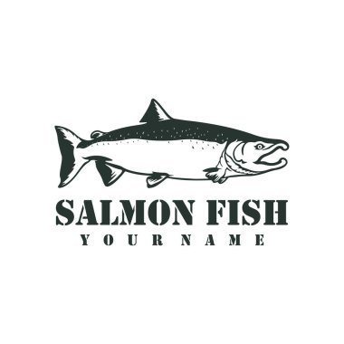 Somon balığı logosu tasarım vektörü. Siluet somon balığı şablonu çizimi. Simge Sembolü