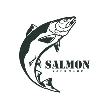 Somon balığı logosu tasarım vektörü. Siluet somon balığı şablonu çizimi. Simge Sembolü