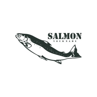 Somon balığı logosu tasarım vektörü. Siluet somon balığı şablonu çizimi. Simge Sembolü