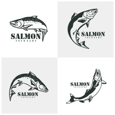 Somon Balığı logo tasarım vektörü seti. Siluet somon balığı şablonu çizimi. Simge Sembolü