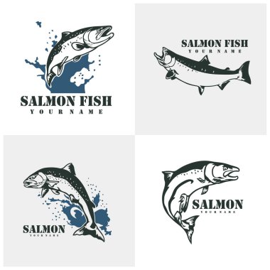 Somon Balığı logo tasarım vektörü seti. Siluet somon balığı şablonu çizimi. Simge Sembolü