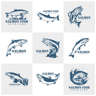 Somon Balığı logo tasarım vektörü seti. Siluet somon balığı şablonu çizimi. Simge Sembolü