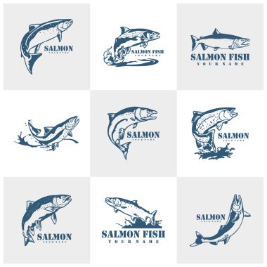 Somon Balığı logo tasarım vektörü seti. Siluet somon balığı şablonu çizimi. Simge Sembolü