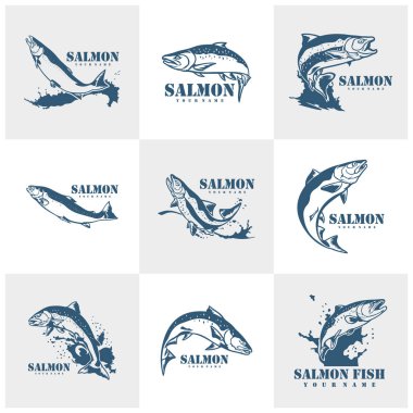 Somon Balığı logo tasarım vektörü seti. Siluet somon balığı şablonu çizimi. Simge Sembolü