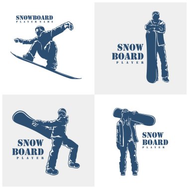Snowboard Player logo tasarım vektörü seti. Siluet Snowboard Oynatıcı Şablonu İllüstrasyonu