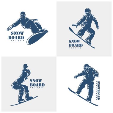 Snowboard Player logo tasarım vektörü seti. Siluet Snowboard Oynatıcı Şablonu İllüstrasyonu
