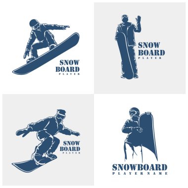Snowboard Player logo tasarım vektörü seti. Siluet Snowboard Oynatıcı Şablonu İllüstrasyonu