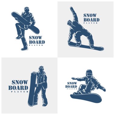 Snowboard Player logo tasarım vektörü seti. Siluet Snowboard Oynatıcı Şablonu İllüstrasyonu