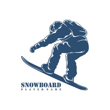 Snowboard Player logo tasarım vektörü. Siluet Snowboard Oynatıcı Şablonu İllüstrasyonu