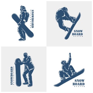 Snowboard Player logo tasarım vektörü seti. Siluet Snowboard Oynatıcı Şablonu İllüstrasyonu