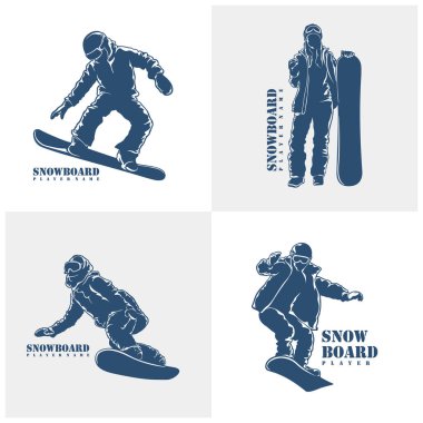 Snowboard Player logo tasarım vektörü seti. Siluet Snowboard Oynatıcı Şablonu İllüstrasyonu