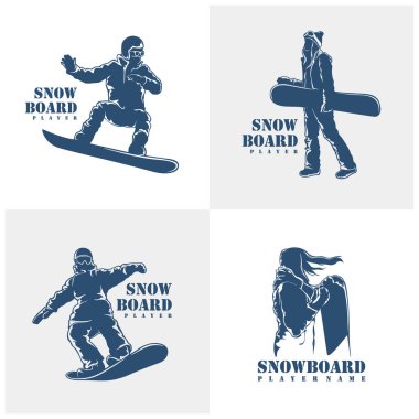 Snowboard Player logo tasarım vektörü seti. Siluet Snowboard Oynatıcı Şablonu İllüstrasyonu