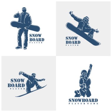 Snowboard Player logo tasarım vektörü seti. Siluet Snowboard Oynatıcı Şablonu İllüstrasyonu