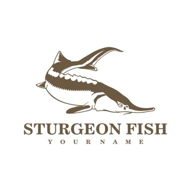 Sturgeon Fish logo tasarım vektörü. Siluet Sturgeon Balık Şablonu İllüstrasyonu.