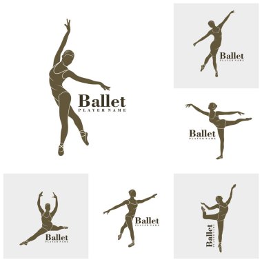 Bale Dansçısı logo tasarım vektörü seti. Siluet Bale Oyuncusunun Şablonu Çizimi