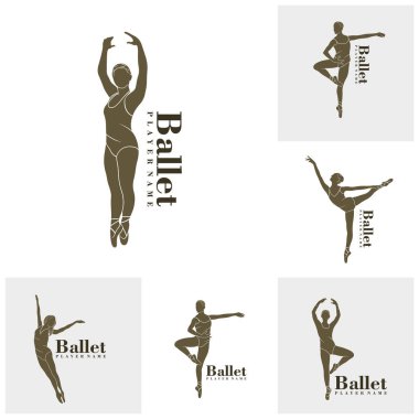 Bale Dansçısı logo tasarım vektörü seti. Siluet Bale Oyuncusunun Şablonu Çizimi