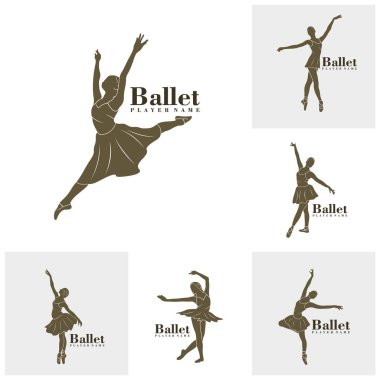 Bale Dansçısı logo tasarım vektörü seti. Siluet Bale Oyuncusunun Şablonu Çizimi
