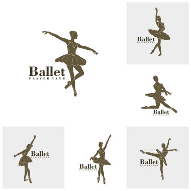 Bale Dansçısı logo tasarım vektörü seti. Siluet Bale Oyuncusunun Şablonu Çizimi