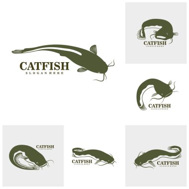 Catfish logo tasarım vektörü seti. Siluet Kedi Balığı Şablonu Çizimi.