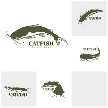 Catfish logo tasarım vektörü seti. Siluet Kedi Balığı Şablonu Çizimi.