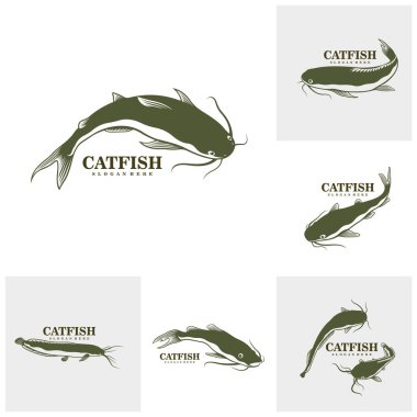 Catfish logo tasarım vektörü seti. Siluet Kedi Balığı Şablonu Çizimi.