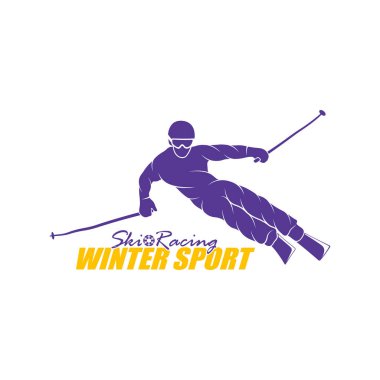 Dağ Kayağı Logosu Tasarım Vektörü. Siluet Kayakçı Şablonu Çizimi