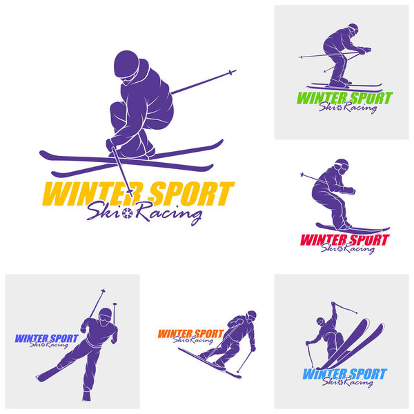 Set of Mountain Skiing Logo Design Vector. Silhouette Ski Player Template Illustration