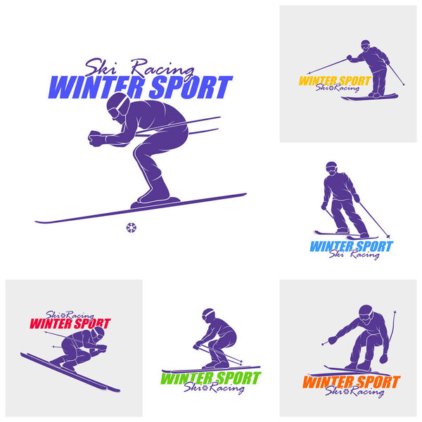 Set of Mountain Skiing Logo Design Vector. Silhouette Ski Player Template Illustration